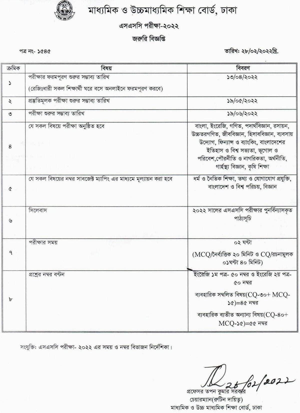 এসএসসি পরীক্ষা-২০২২ এর বিষয় নির্ধারণ, নম্বর বিভাজন বিজ্ঞপ্তি