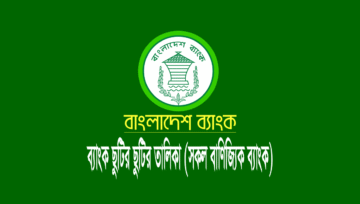 ২০২২ সালের ব্যাংক ছুটির তালিকা (সরকারি-বেসরকারি বাণিজ্যিক ব্যাংক)