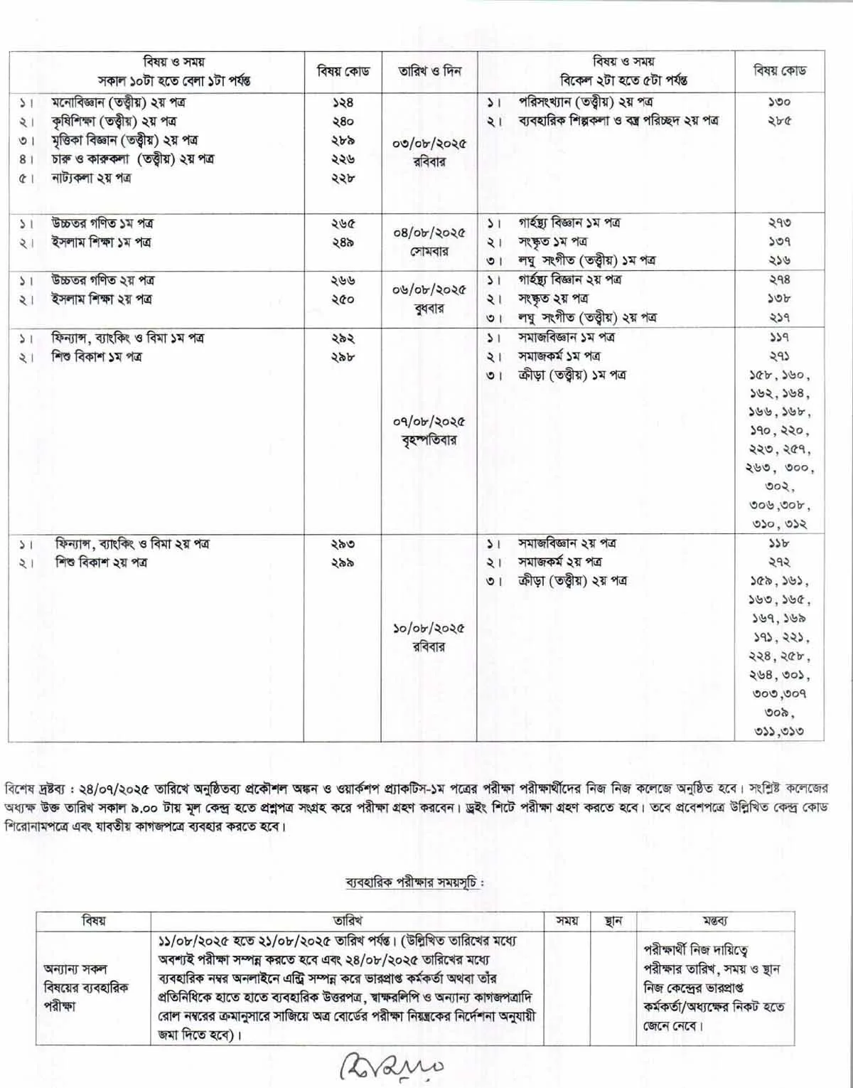 ২০২৫ সালের এইচএসসি পরীক্ষার সমযসূচী